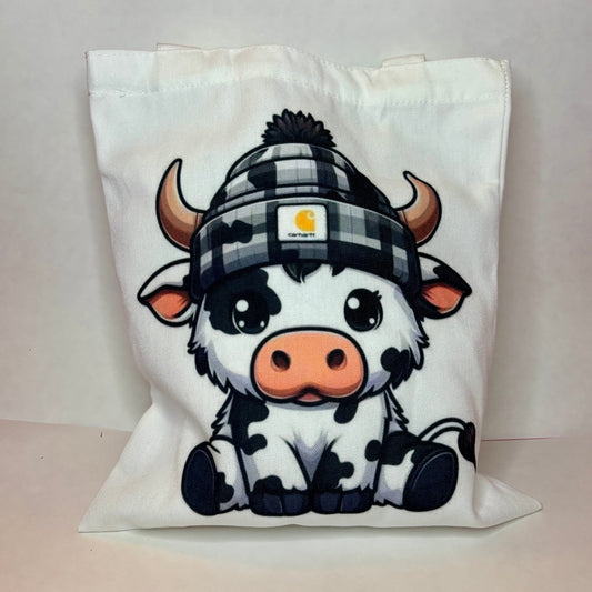 Cow in Checkered Beanie Canvas Tote