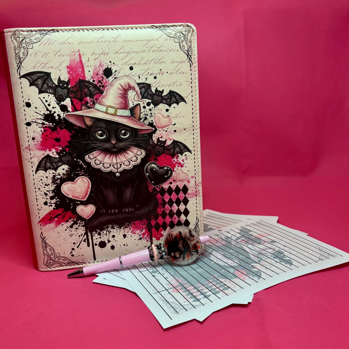 Victorian Halloween Cat XL Bundle — A5 Binder, Matching Paper, Beaded Pen + Canvas Tote