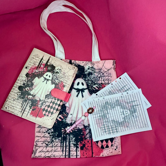 Victorian Halloween Ghost XL Bundle — A5 Binder, Matching Paper, Beaded Pen + Canvas Tote