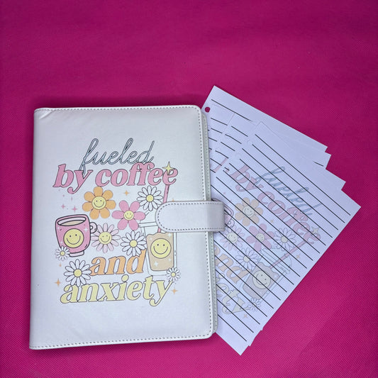 Fueled by Coffee and Anxiety Binder Bundle — A5 Binder, Matching Paper & Beaded Pen