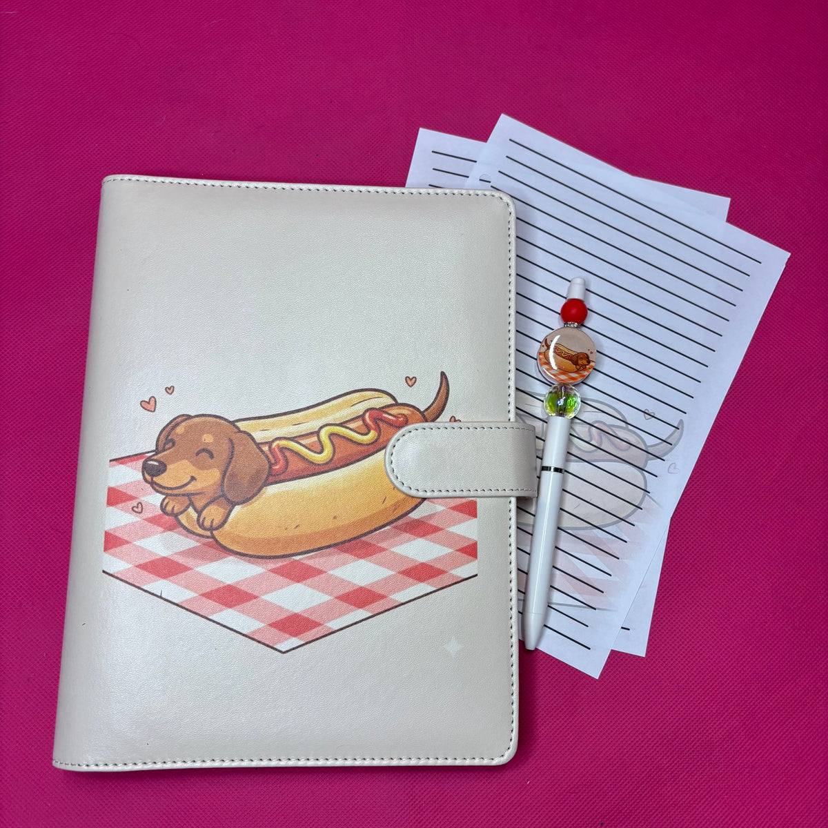Hot Dog Binder Bundle — A5 Binder, Matching Paper & Beaded Pen