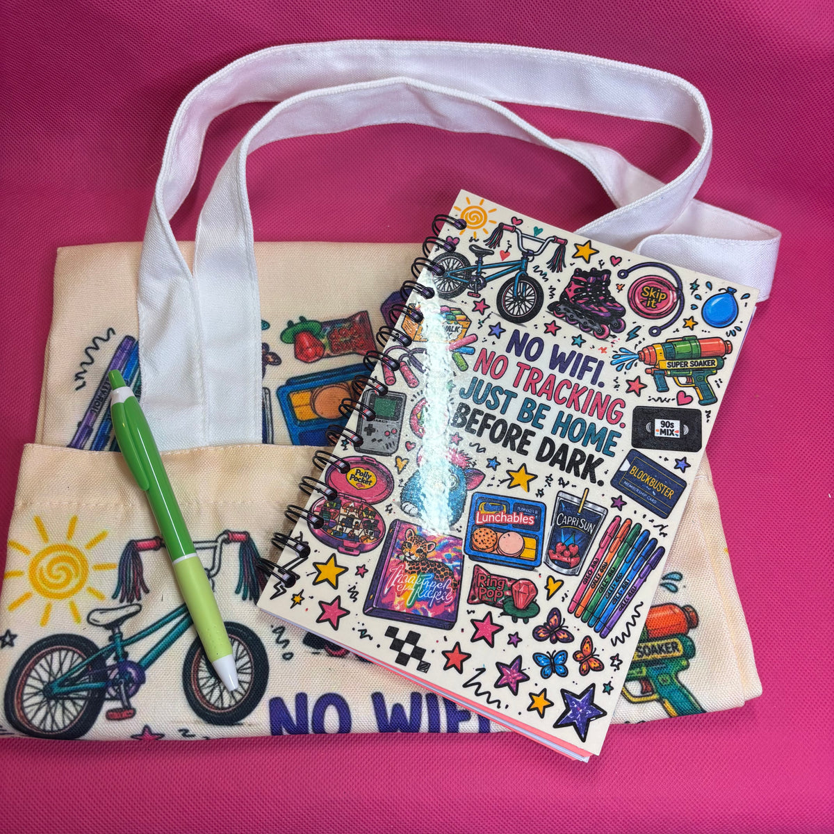 No WiFi, No Tracking Bundle | 90s Kid Nostalgia Notebook + Tote + Pen