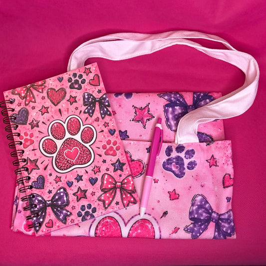 Paw Prints & Bows Bundle | Coquette Dog Mom Notebook + Tote + Pen