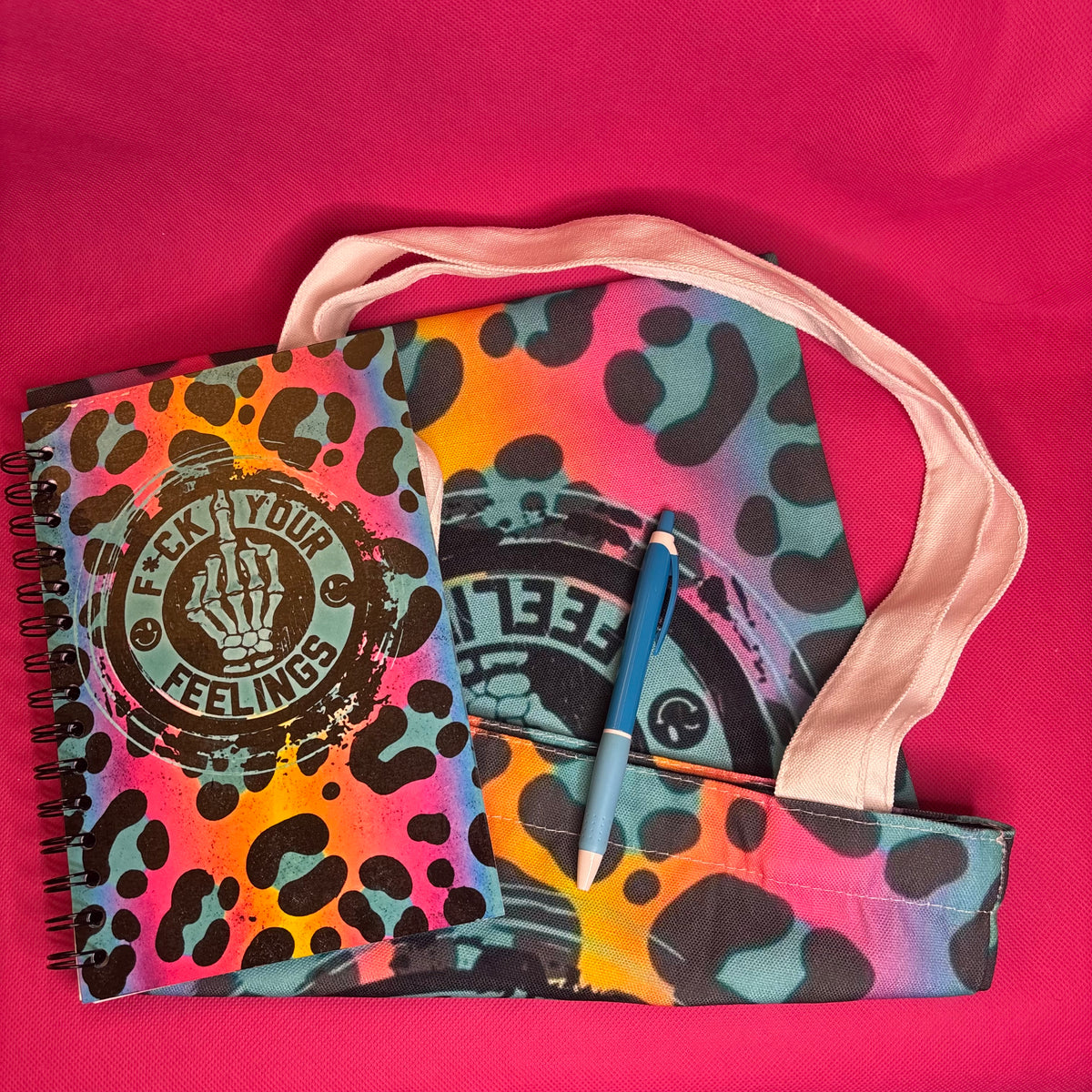 F*ck Your Feelings Bundle | Rainbow Leopard Skeleton Notebook + Tote + Pen