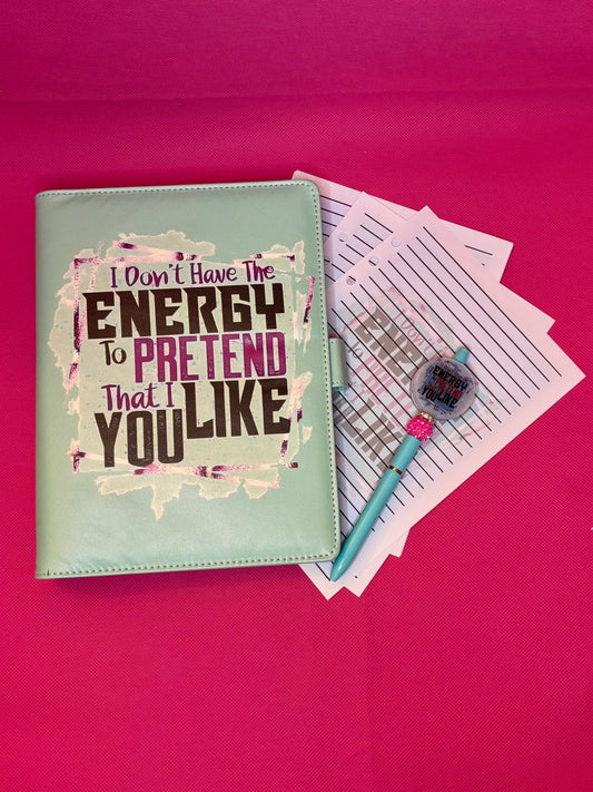 I Don't Have the Energy to Pretend That I Like You Binder Bundle - A5 Binder, Matching Paper & Beaded Pen