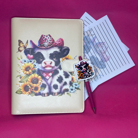 Sunflower Cowgirl Cow Binder Bundle — A5 Binder, Matching Paper + Beaded Pen | Only 1 Available