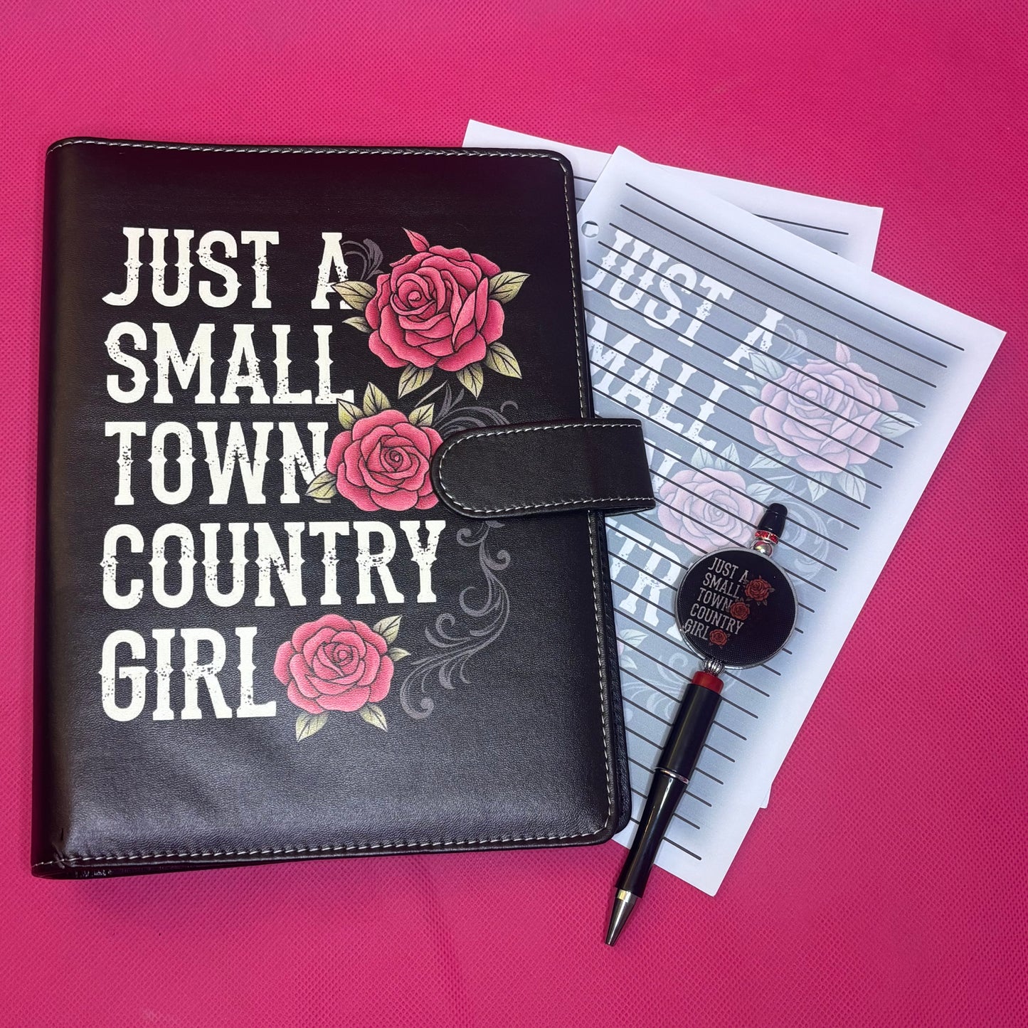 Small Town Country Girl Binder Bundle — Black A5 Binder with Roses, Matching Paper + Beaded Pen | Only 1 Available