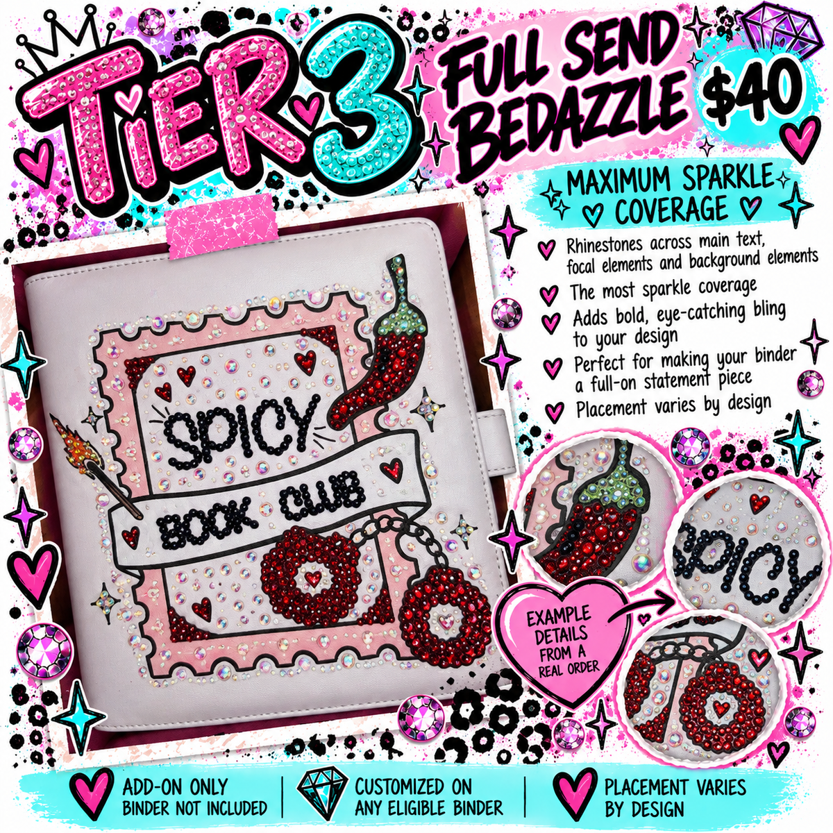 Custom Bedazzling Add-On for Any Binder | Rhinestone Detail Service | Three Tiers, Endless Sparkle