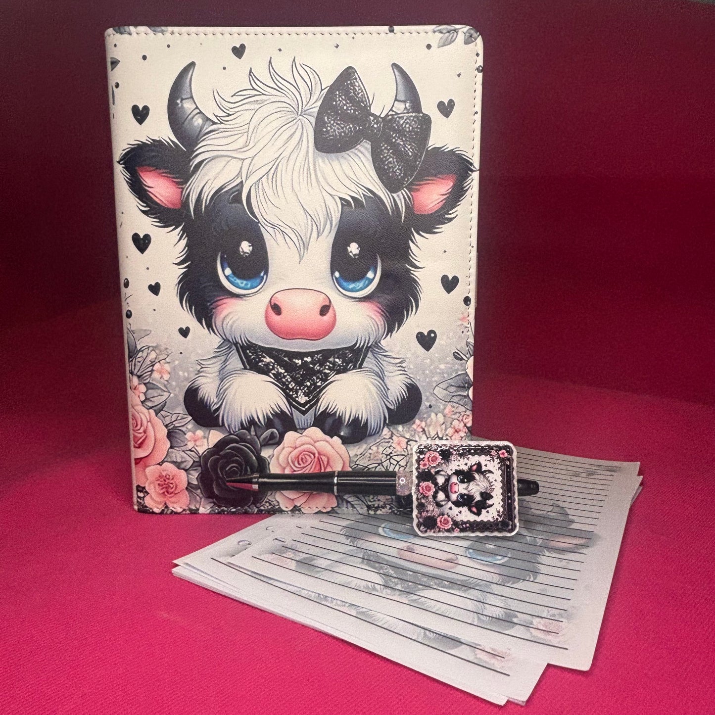 Black & White Baby Cow Binder Bundle — A5 Binder, Matching Paper + Beaded Pen