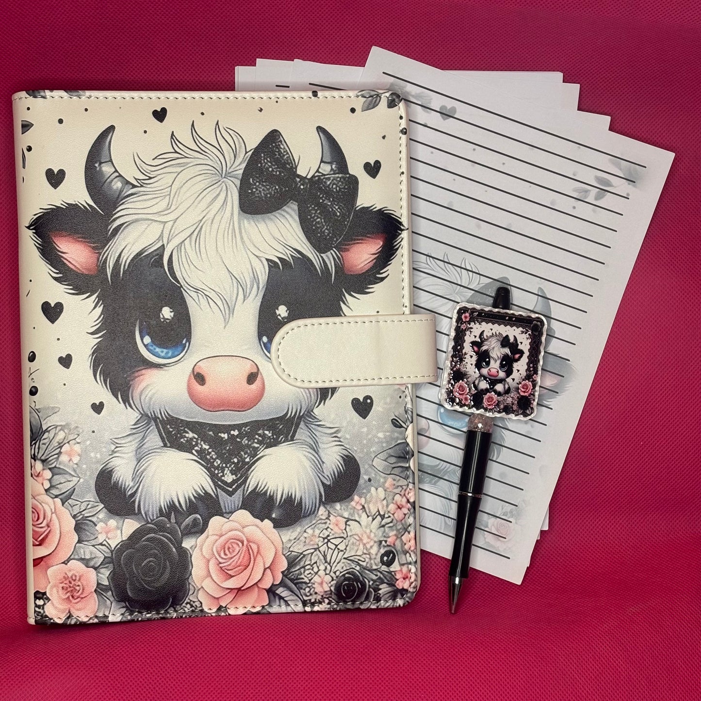 Black & White Baby Cow Binder Bundle — A5 Binder, Matching Paper + Beaded Pen