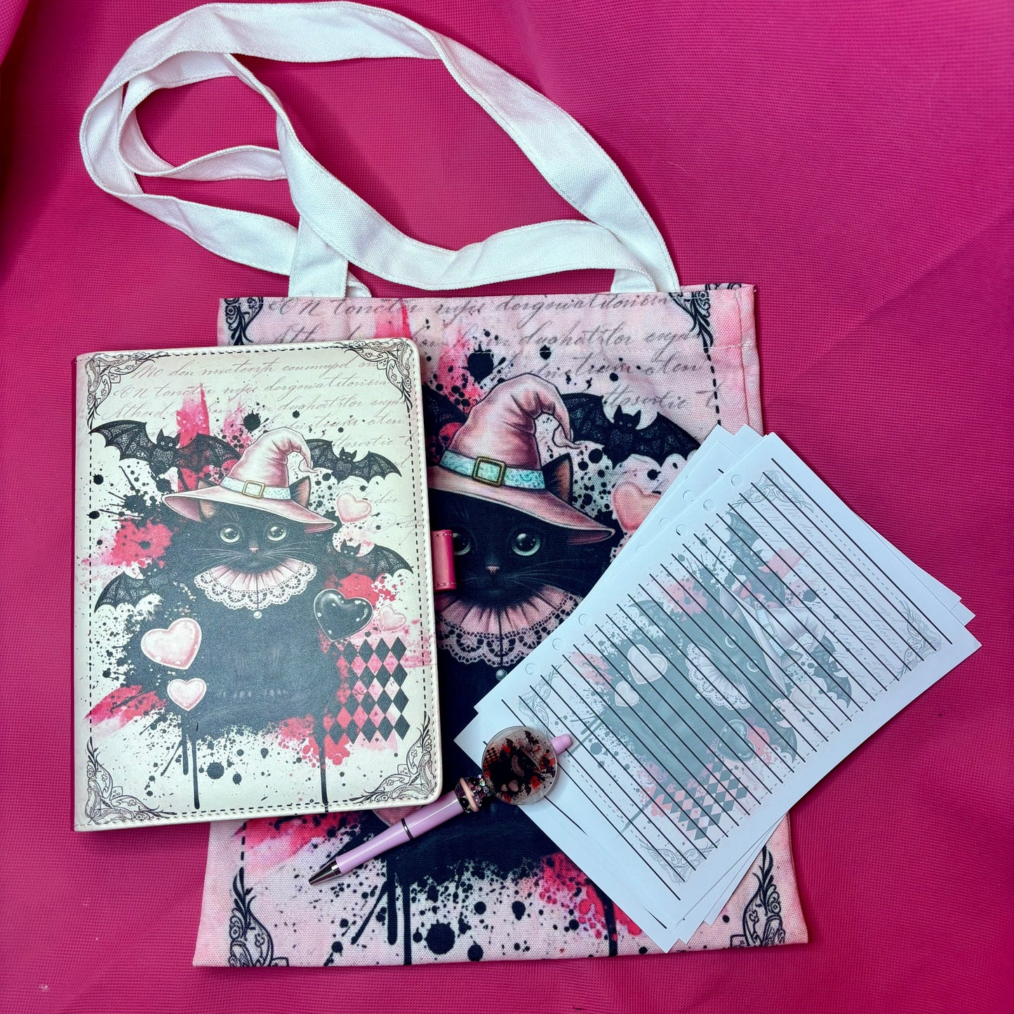 Victorian Halloween Cat XL Bundle — A5 Binder, Matching Paper, Beaded Pen + Canvas Tote