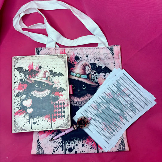 Victorian Halloween Cat XL Bundle — A5 Binder, Matching Paper, Beaded Pen + Canvas Tote