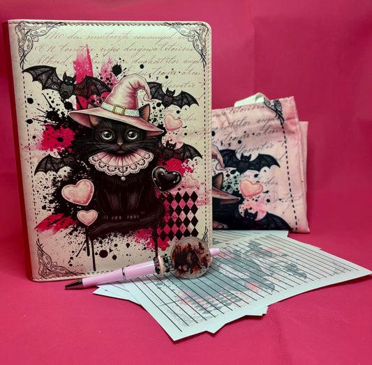 Victorian Halloween Cat XL Bundle — A5 Binder, Matching Paper, Beaded Pen + Canvas Tote