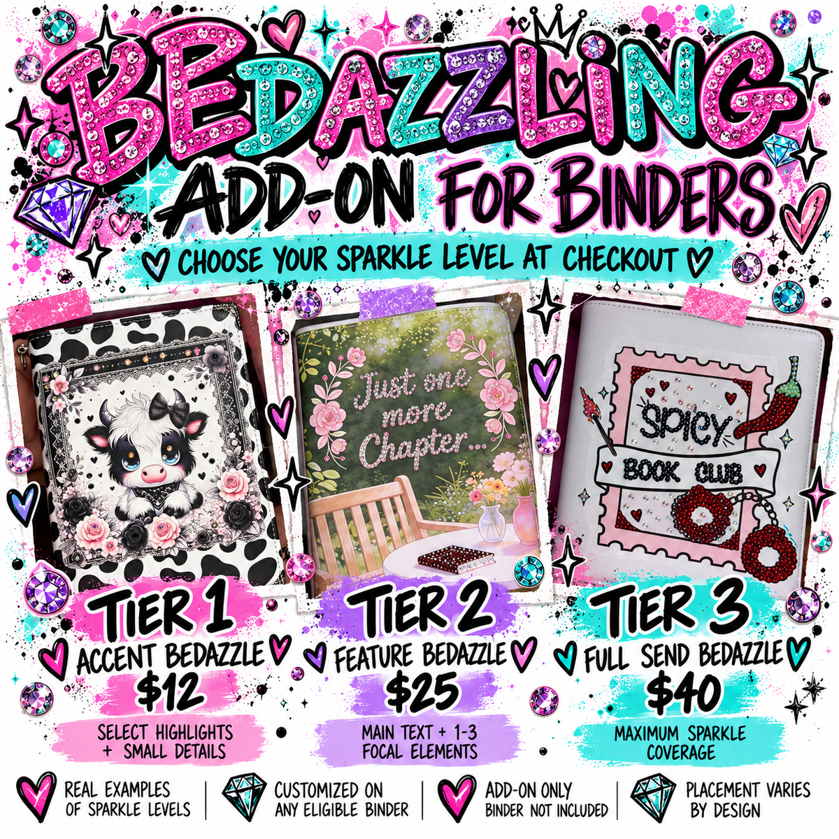Custom Bedazzling Add-On for Any Binder | Rhinestone Detail Service | Three Tiers, Endless Sparkle