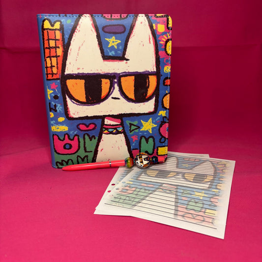 Full-bleed neo-expressionist A5 faux leather binder with a white cartoon cat wearing sunglasses on a colorful primitive backdrop of shapes and squiggles