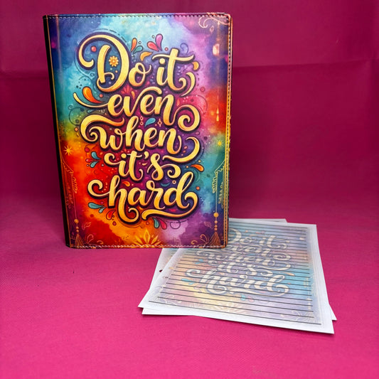 Rainbow watercolor A5 faux leather binder with 'Do it even when it's hard' in ornate gold script