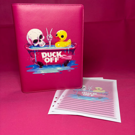 Hot pink A5 faux leather binder with 'Duck Off' bathtub scene: skull, rubber duck, and skeleton hand throwing peace signs