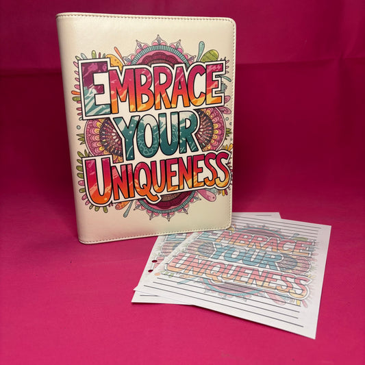 Cream A5 faux leather binder with 'EMBRACE YOUR UNIQUENESS' in rainbow bubble-letter graffiti over layered colorful mandalas