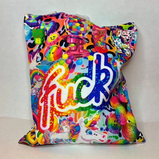 White canvas tote with rainbow 90s chaos aesthetic — unicorns, dalmatians, gumball machines, and cursive graffiti lettering