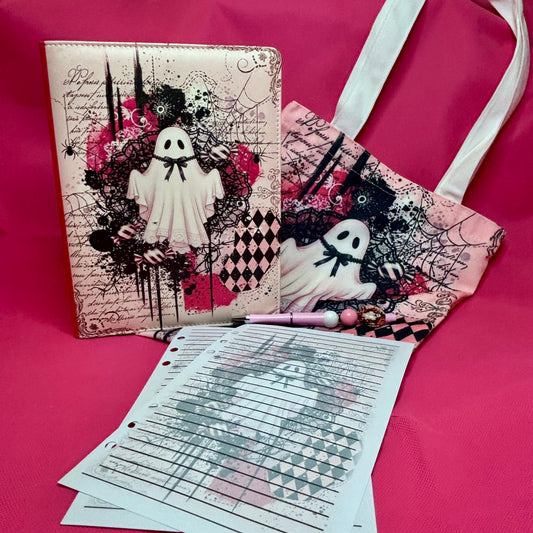 Victorian Halloween Ghost XL Bundle — A5 Binder, Matching Paper, Beaded Pen + Canvas Tote
