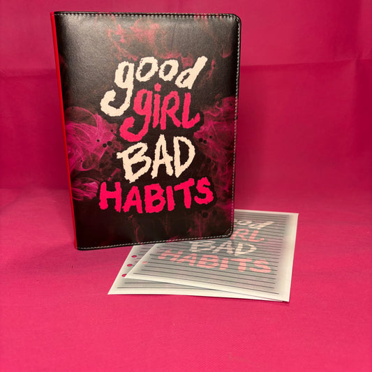 Black A5 faux leather binder with hot pink smoke and 'good girl BAD HABITS' scrawled in mixed graffiti-style lettering