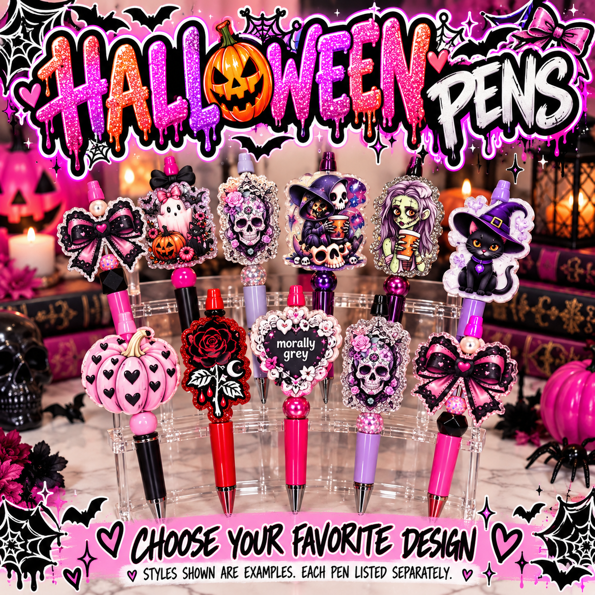 Handmade Halloween Bead Pens | Spooky Cute Two-Sided Acrylic Toppers | Ghost, Pumpkin & Witchy Designs