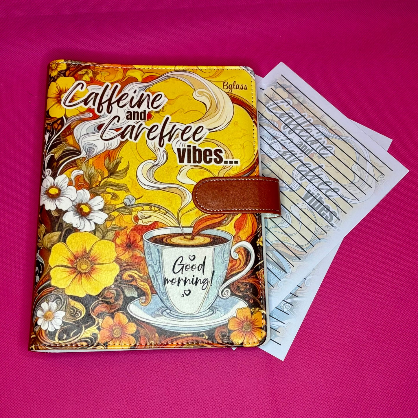 Caffeine and Carefree Vibes Binder Bundle - A5 Binder, Matching Paper & Beaded Pen
