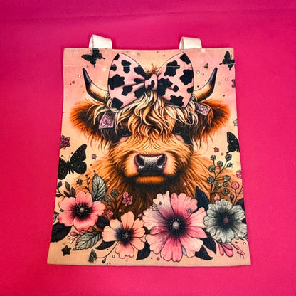 Pink Highland Cow Canvas Tote