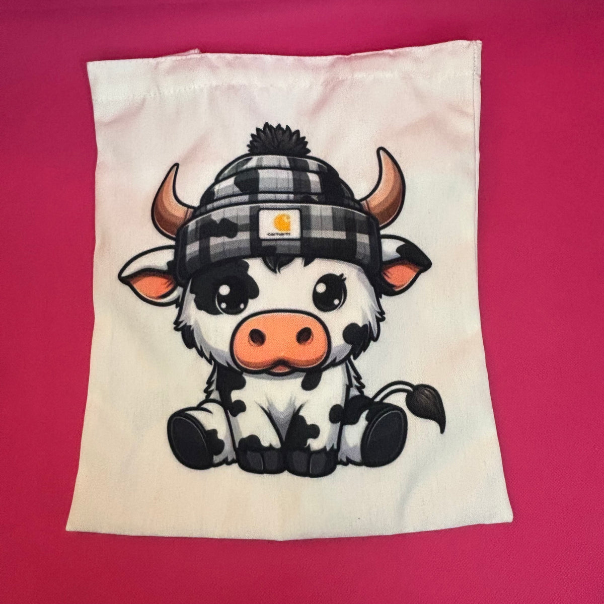 Cow in Checkered Beanie Canvas Tote