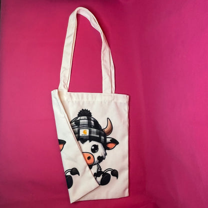 Cow in Checkered Beanie Canvas Tote