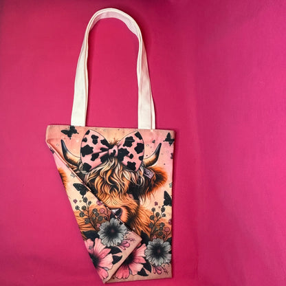 Pink Highland Cow Canvas Tote