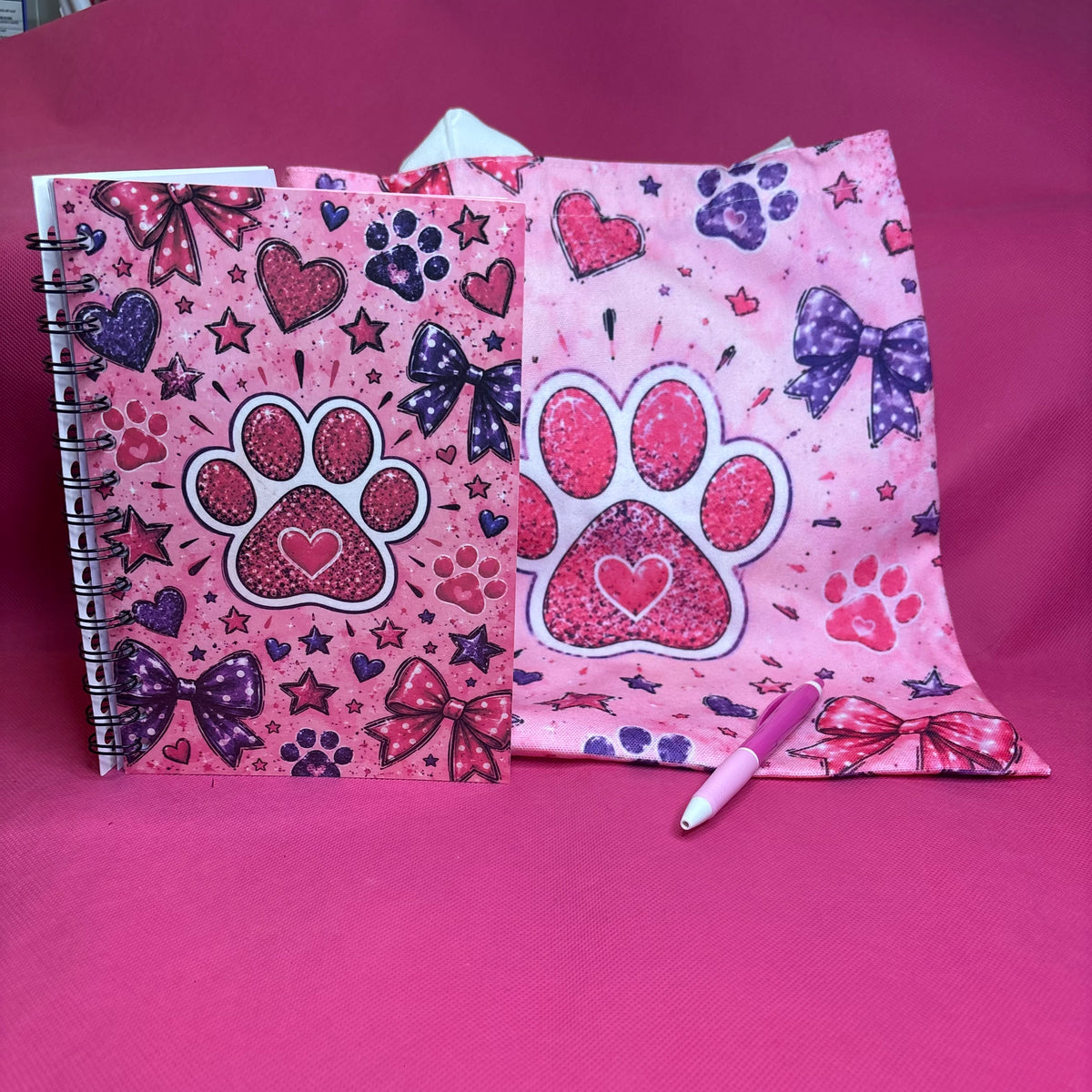 Paw Prints & Bows Bundle | Coquette Dog Mom Notebook + Tote + Pen