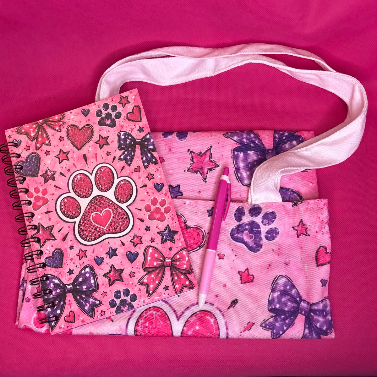 Paw Prints & Bows Bundle | Coquette Dog Mom Notebook + Tote + Pen