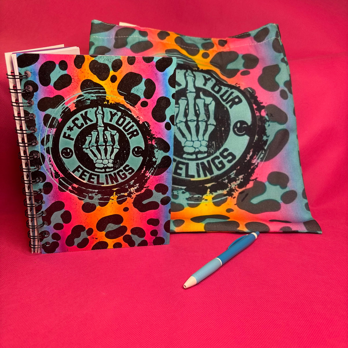 F*ck Your Feelings Bundle | Rainbow Leopard Skeleton Notebook + Tote + Pen
