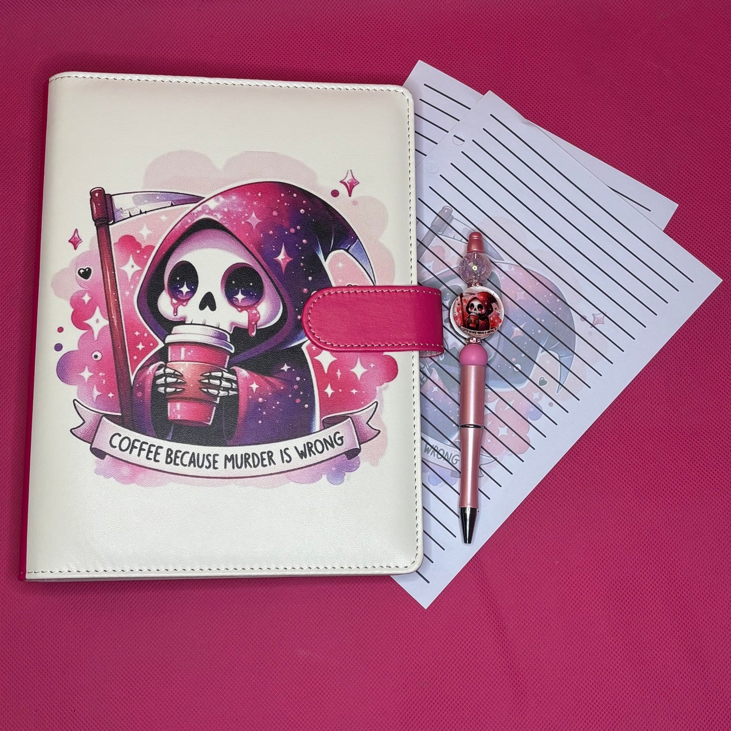 Coffee Because Murder Is Wrong Binder Bundle — A5 Binder, Matching Paper + Beaded Pen | Only 1 Available