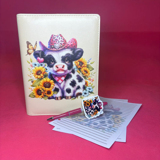 Sunflower Cowgirl Cow Binder Bundle — A5 Binder, Matching Paper + Beaded Pen | Only 1 Available