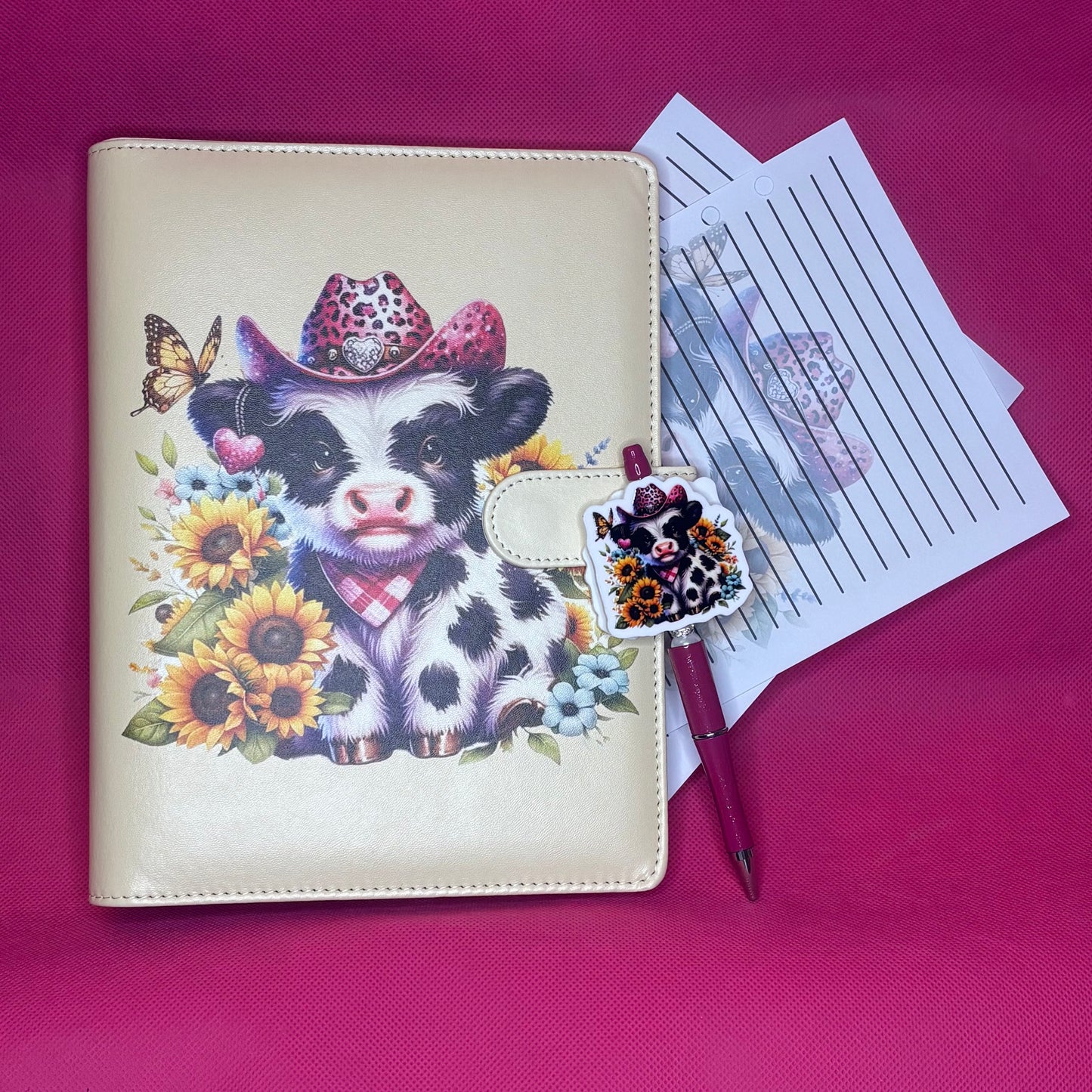 Sunflower Cowgirl Cow Binder Bundle — A5 Binder, Matching Paper + Beaded Pen | Only 1 Available