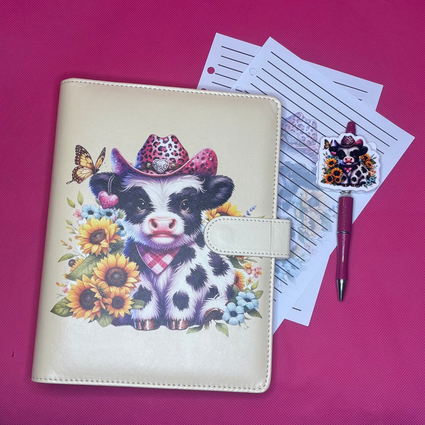 Sunflower Cowgirl Cow Binder Bundle — A5 Binder, Matching Paper + Beaded Pen | Only 1 Available
