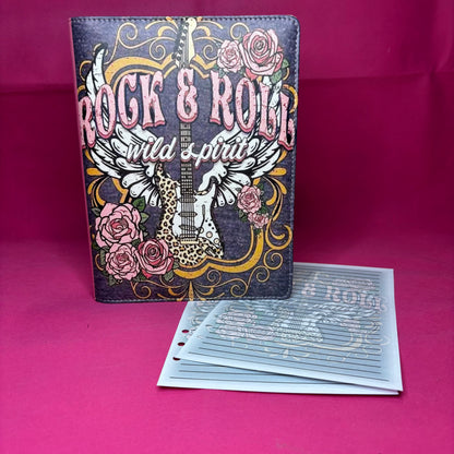 Dusty purple A5 faux leather binder with 'Rock & Roll Wild Spirit' script over a winged electric guitar with leopard-print body and pink roses