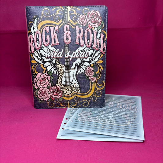 Dusty purple A5 faux leather binder with 'Rock & Roll Wild Spirit' script over a winged electric guitar with leopard-print body and pink roses