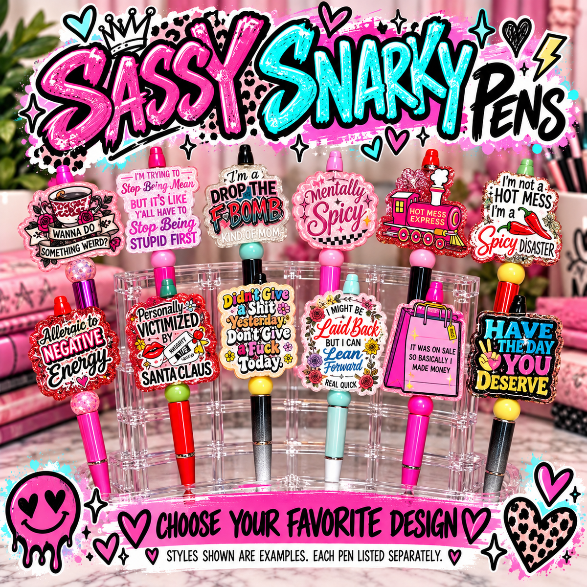 Handmade Sassy Bead Pens | Two-Sided Acrylic Toppers | Adult Humor, Mom Life & "Leave Me Alone" Designs