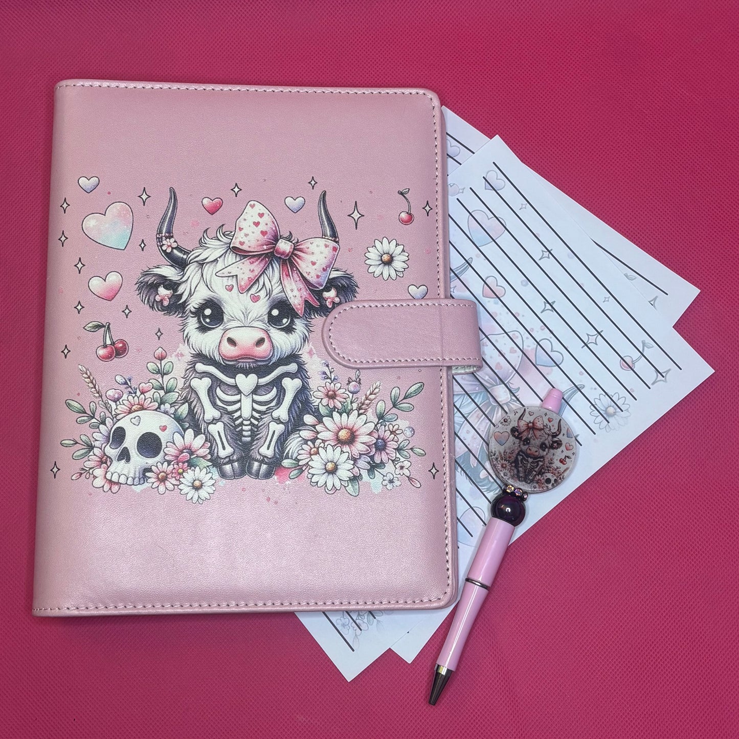 Skelly Cow Binder Bundle — A5 Binder, Matching Paper + Beaded Pen | Only 1 Available