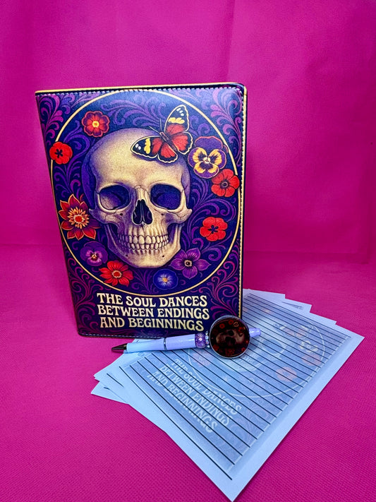 Deep purple A5 faux leather binder with gold filigree frame, serene skull with butterfly, and 'The Soul Dances Between Endings and Beginnings' in gold