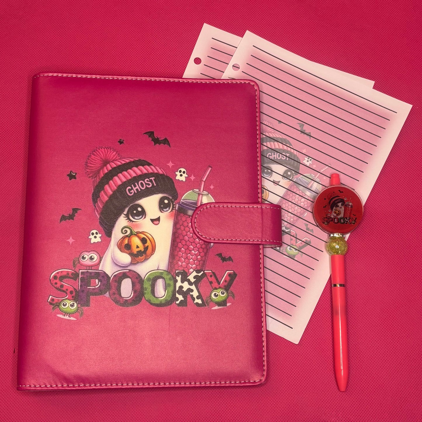 Spooky Ghostie Binder Bundle — Hot Pink A5 Binder, Matching Paper + Beaded Pen | Only 1 Available