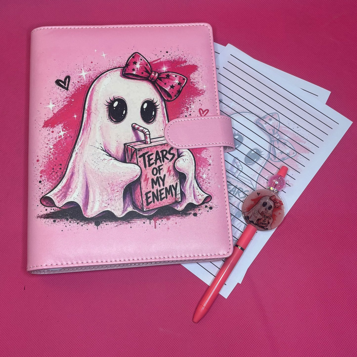 Tears of My Enemy Binder Bundle — Pink Ghost A5 Binder, Matching Paper + Beaded Pen | Only 1 Available