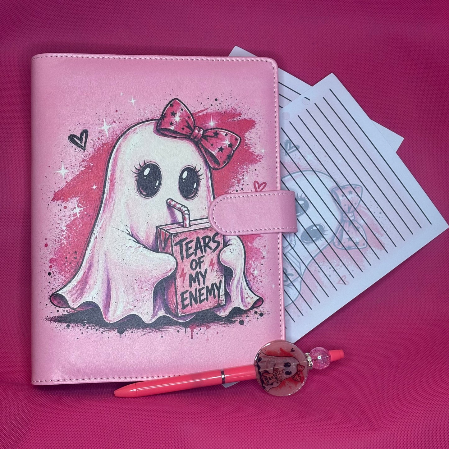 Tears of My Enemy Binder Bundle — Pink Ghost A5 Binder, Matching Paper + Beaded Pen | Only 1 Available