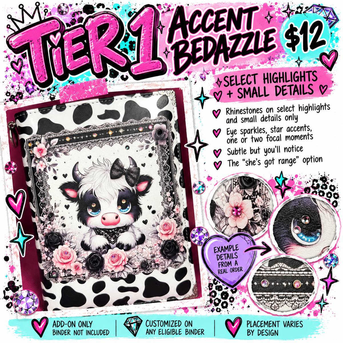Custom Bedazzling Add-On for Any Binder | Rhinestone Detail Service | Three Tiers, Endless Sparkle