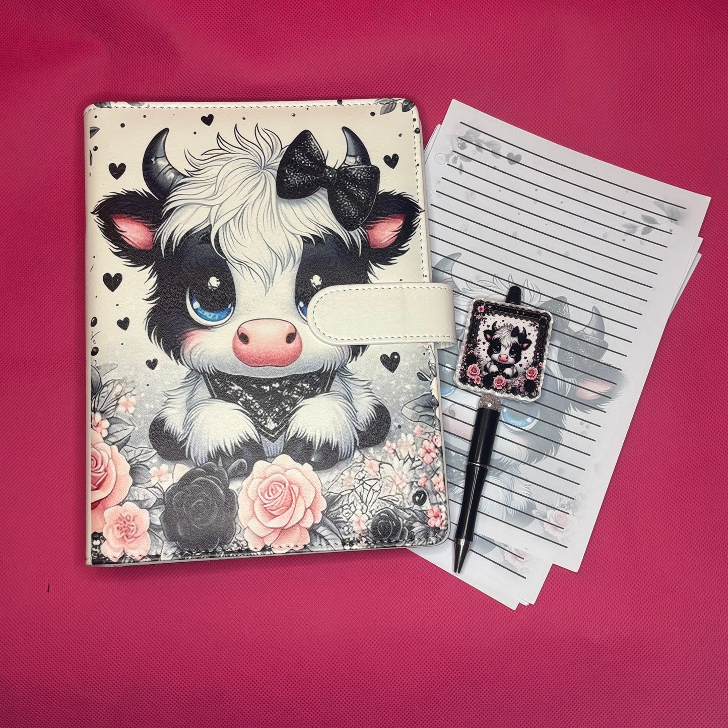 Black & White Baby Cow Binder Bundle — A5 Binder, Matching Paper + Beaded Pen