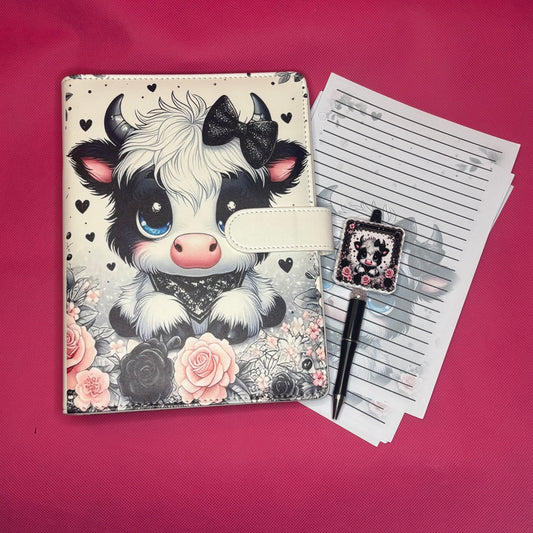 Black & White Baby Cow Binder Bundle — A5 Binder, Matching Paper + Beaded Pen