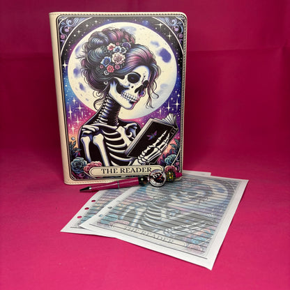 Cream A5 faux leather binder with 'THE READER' tarot card: skeleton woman with violet curls and floral crown reading a book under a full moon